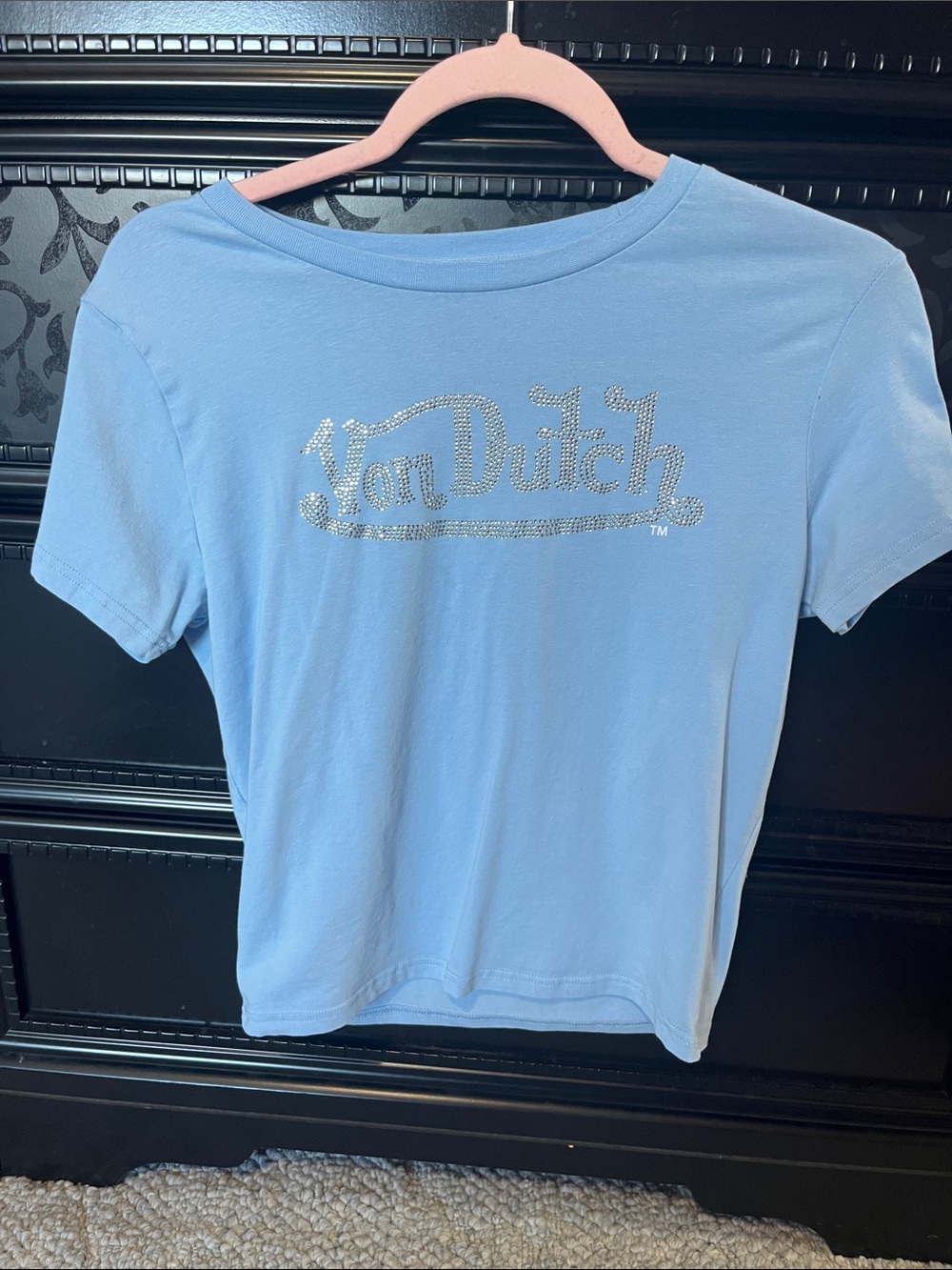 Von Dutch Baby Blue Rhinestone Logo Tee NWOT